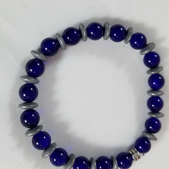 Hand Crafted Bracelet with Hematite Spacers Stretch Cobalt Blue Gray 7” Unisex - Picture 2 of 4